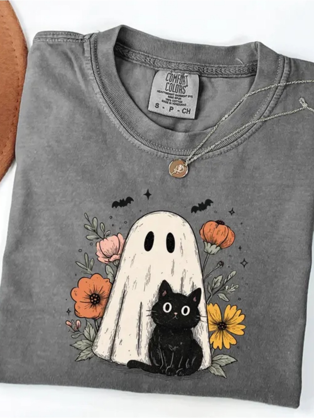 Comfort Colors Pepper Short Sleeve Tee with Ghost & Black Cat Graphic